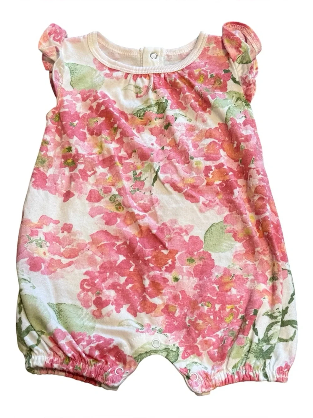 Burt’s Bees Baby Girl Floral Romper Newborn Pink Green Ruffle Sleeveless